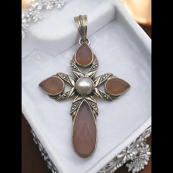 Nicky Butler NB 925 Sterling Silver Multi Gemstone Ornate Cross Pendant, 2.5" - Picture 1 of 6